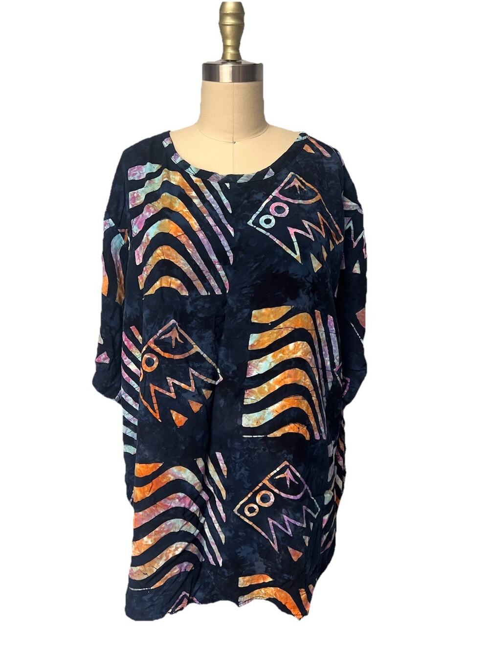Vintage Batik Abstract Womens 3XL Tunic Coverup Beach Resort Cruise Boho Artsy
